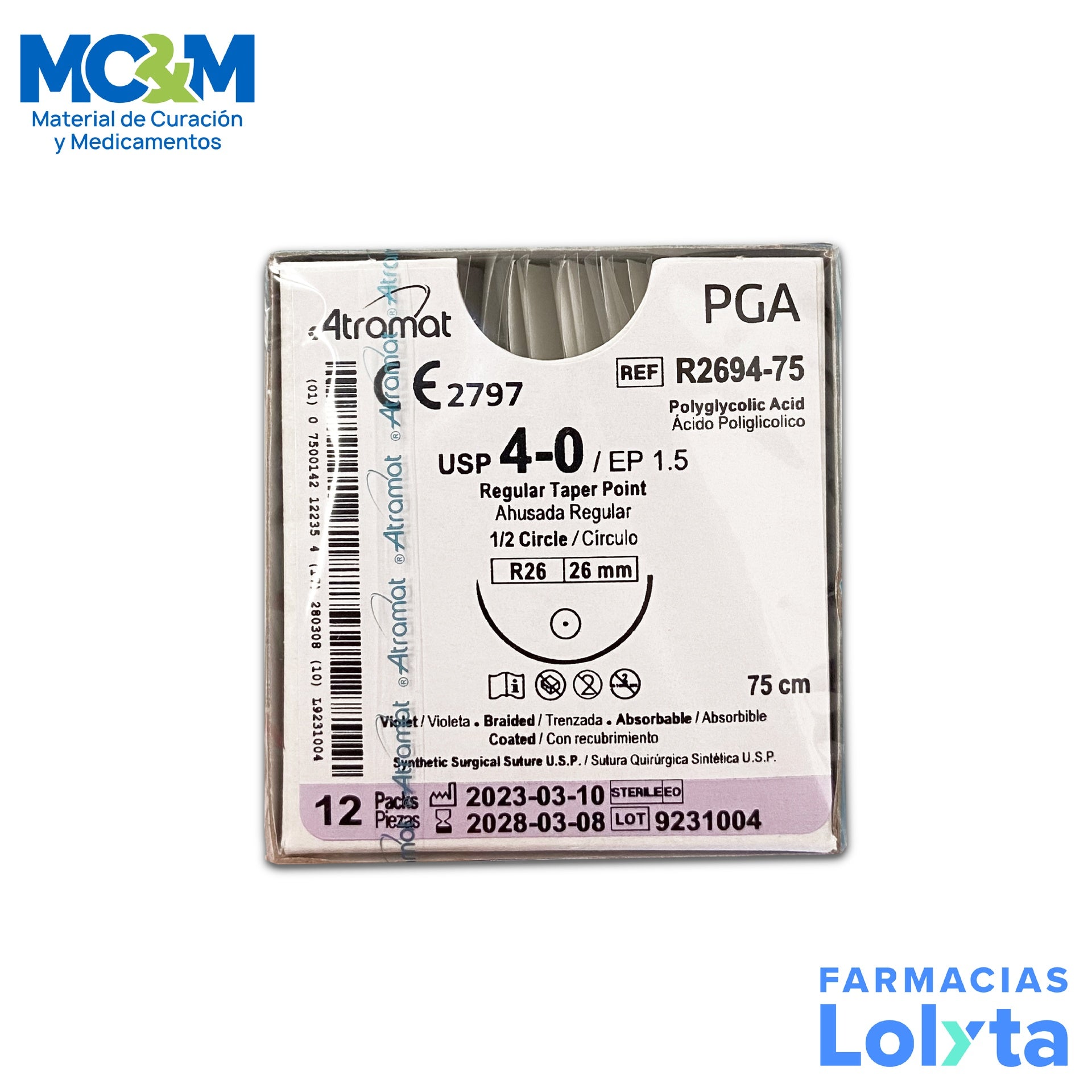 Sutura Atramat PGA R2694-75 calibre 4-0, 75 cm, aguja R26 de 26 mm
