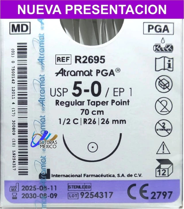 Sutura Atramat PGA R2695 calibre 5-0, 70 cm, aguja R26 de 26 mm
