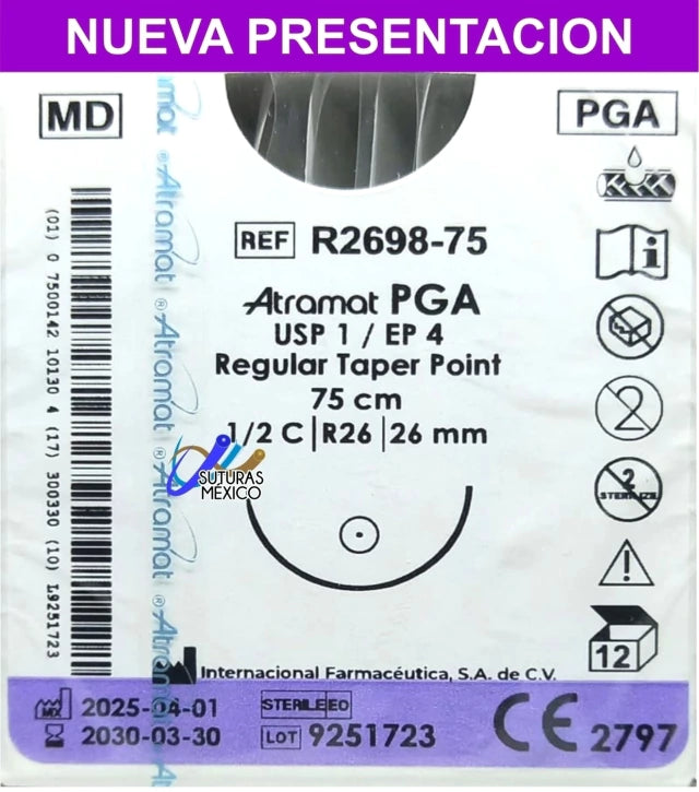 Sutura Atramat PGA R2698-75 calibre 1, 75 cm, aguja R26 de 26 mm