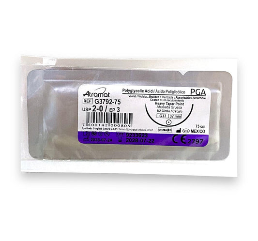 Sutura Atramat PGA R3792-75 calibre 2-0, 75 cm, aguja G37 de 37 mm