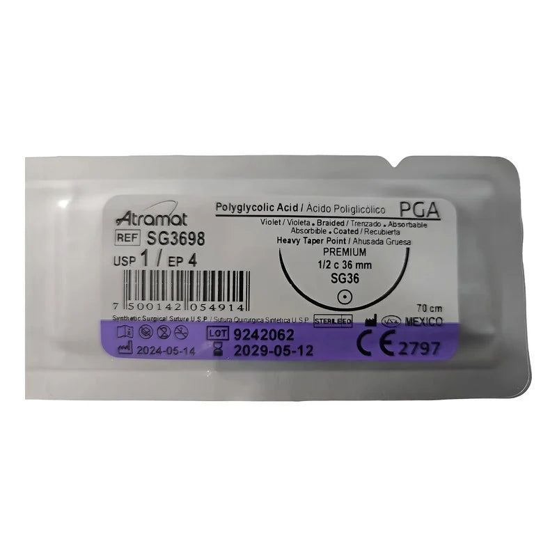 Sutura Atramat PGA SG3698 calibre 1, 70 cm, aguja SG36 de 36 mm