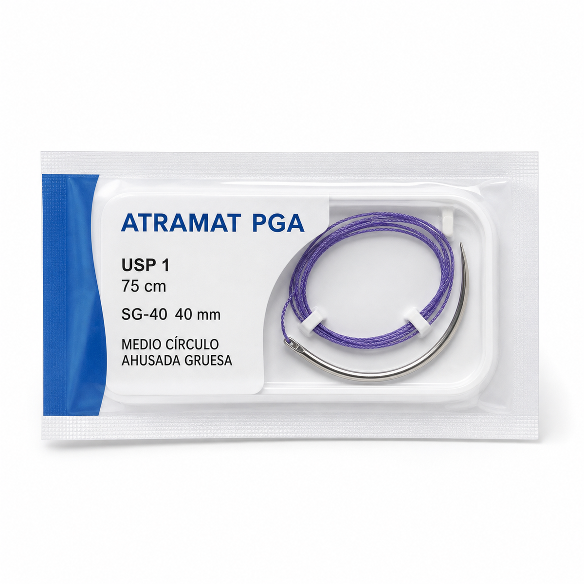 Imagen optimizada: Atramat PGA SG4098-75, sutura absorbible USP 1, 75 cm, aguja SG-40 de 40 mm, medio círculo, ahusada gruesa, sobre fondo blanco