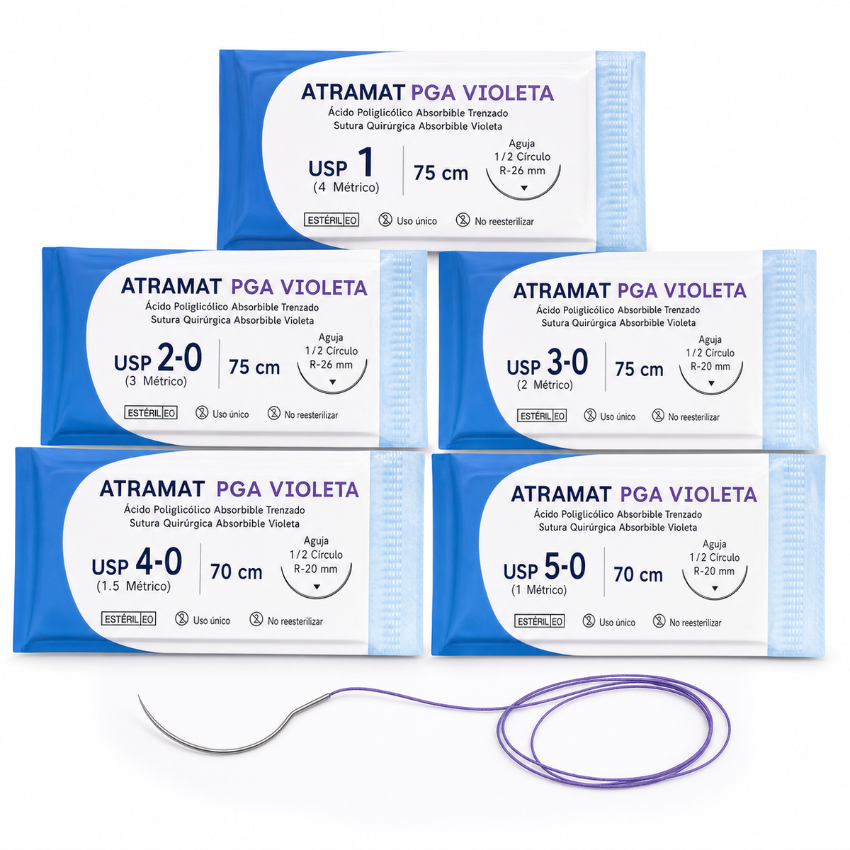 Imagen optimizada: Atramat PGA violeta, sutura absorbible multifilamento USP 1 a 5-0, 70–75 cm, agujas R-20/R-26 de 1/2 círculo, sobre fondo blanco