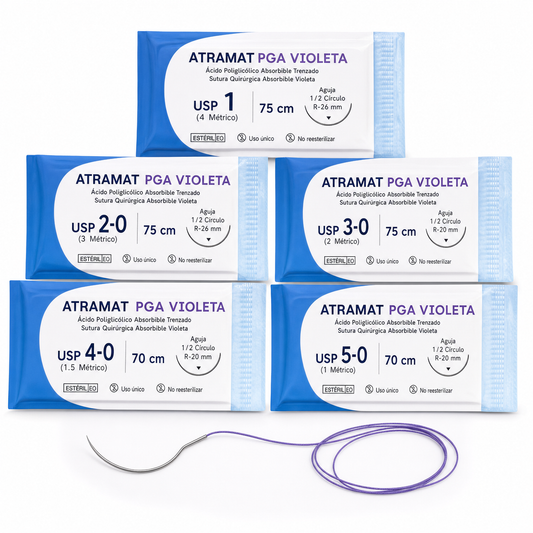 Imagen optimizada: Atramat PGA violeta, sutura absorbible multifilamento USP 1 a 5-0, 70–75 cm, agujas R-20/R-26 de 1/2 círculo, sobre fondo blanco