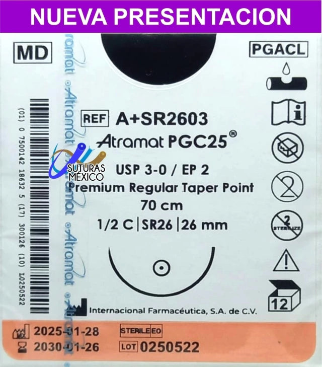 Atramat PGC25 A+SR2603 sutura absorbible violeta USP 3-0 de 70 cm con aguja SR26 de 26 mm