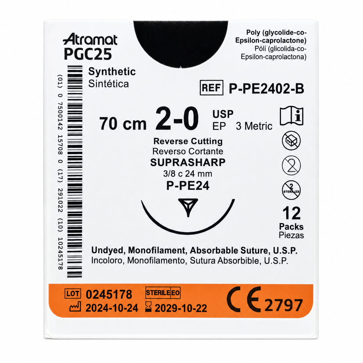 Atramat PGC25 P-PE2402-B, sutura absorbible USP 2-0 de 70 cm con aguja P-PE24 de 24 mm sobre fondo blanco