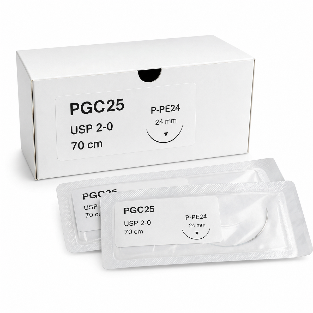 Imagen ilustrativa optimizada: Atramat PGC25 incoloro USP 2-0, 70 cm, aguja P-PE24 reverso cortante de 24 mm, sobre fondo blanco