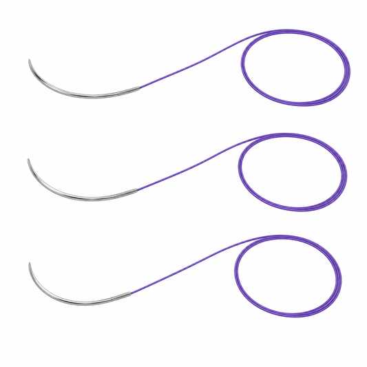 Imagen ilustrativa optimizada: Atramat PGC25 violeta, suturas USP 2-0, 3-0 y 4-0, 70 cm, aguja R-26, sobre fondo blanco