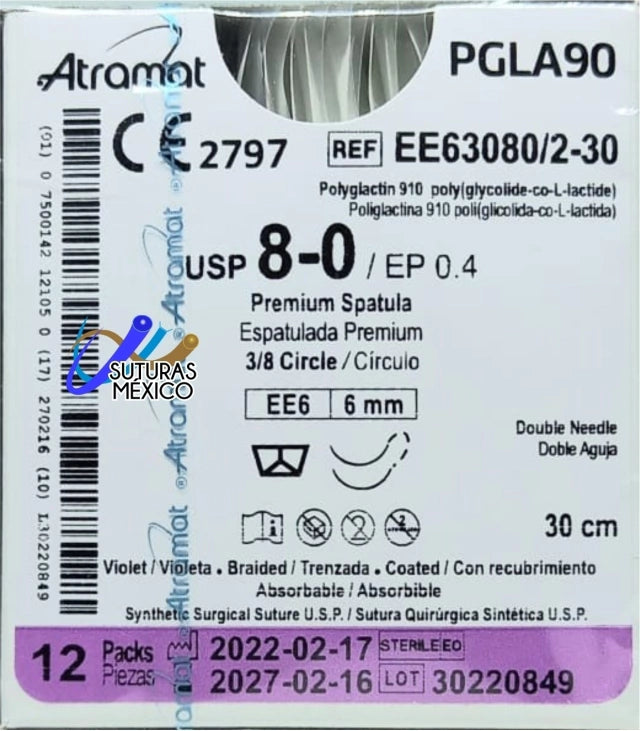 Sutura Atramat PGLA90 EE63080/2-30 calibre 8-0, 30 cm, aguja EE6 de 6 mm
