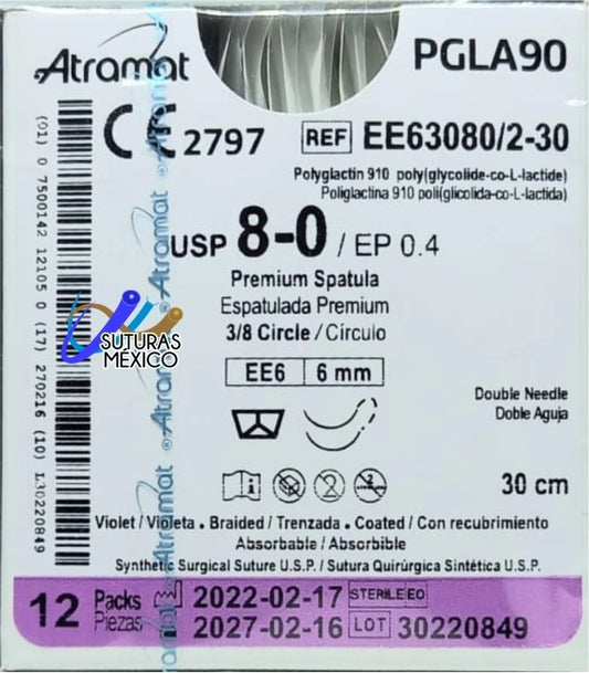 Sutura Atramat PGLA90 EE63080/2-30 calibre 8-0, 30 cm, aguja EE6 de 6 mm
