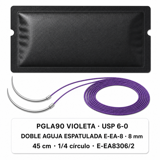 Imagen ilustrativa optimizada: Atramat PGLA90 violeta USP 6-0, doble aguja espatulada E-EA-8 de 8 mm, 45 cm, 1/4 de círculo, referencia E-EA8306/2, sobre fondo blanco