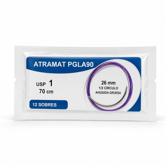 Imagen optimizada: Atramat PGLA90 SG26308, sutura absorbible USP 1, 70 cm, 12 sobres, aguja de 26 mm, 1/2 de círculo, ahusada gruesa, sobre fondo blanco