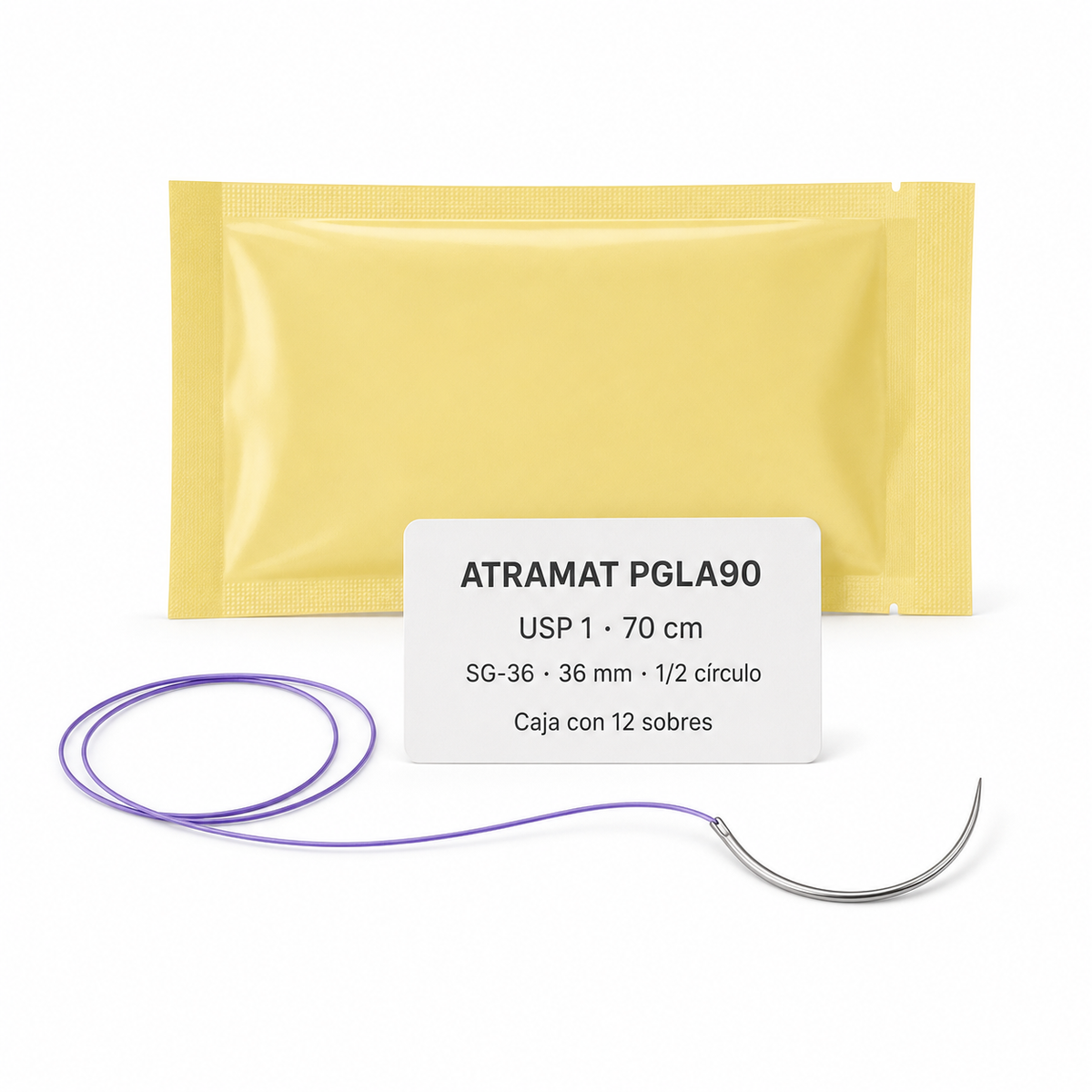 Imagen optimizada: Atramat PGLA90 SG36308, sutura absorbible USP 1, 70 cm, 12 sobres, aguja SG-36 de 36 mm, 1/2 de círculo, ahusada gruesa, sobre fondo blanco