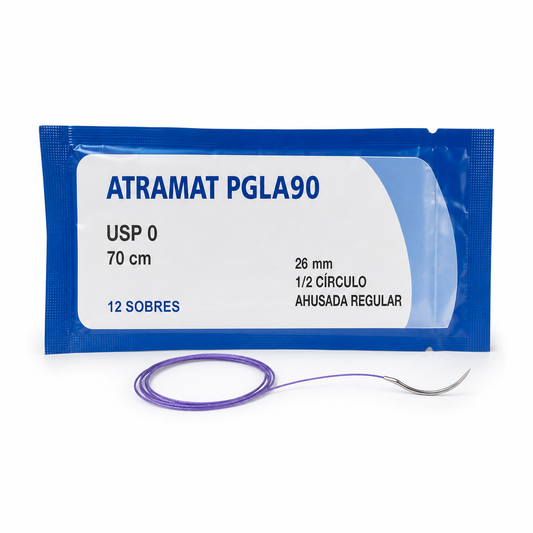 Imagen optimizada: Atramat PGLA90 SR26301, sutura absorbible USP 0, 70 cm, 12 sobres, aguja de 26 mm, 1/2 de círculo, ahusada regular, sobre fondo blanco