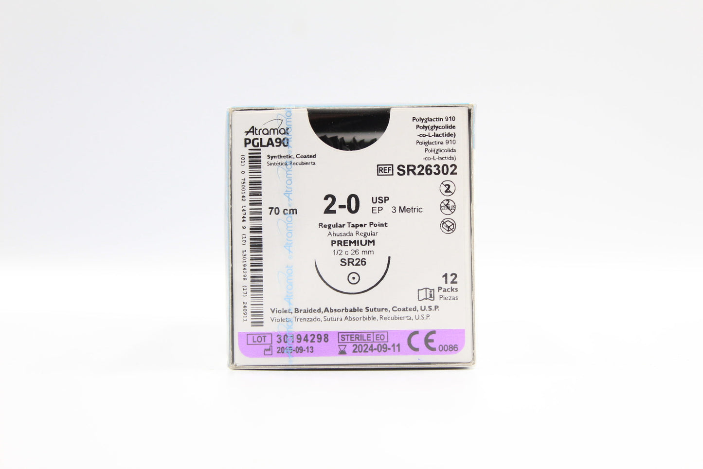 Atramat SR26302 PGLA90 violeta 2-0 de 70 cm con aguja SR-26