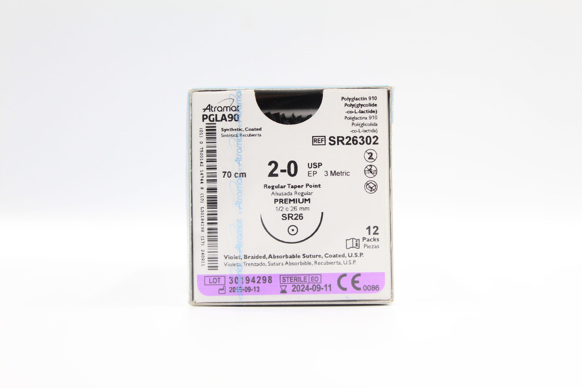 Atramat SR26302 PGLA90 violeta 2-0 de 70 cm con aguja SR-26