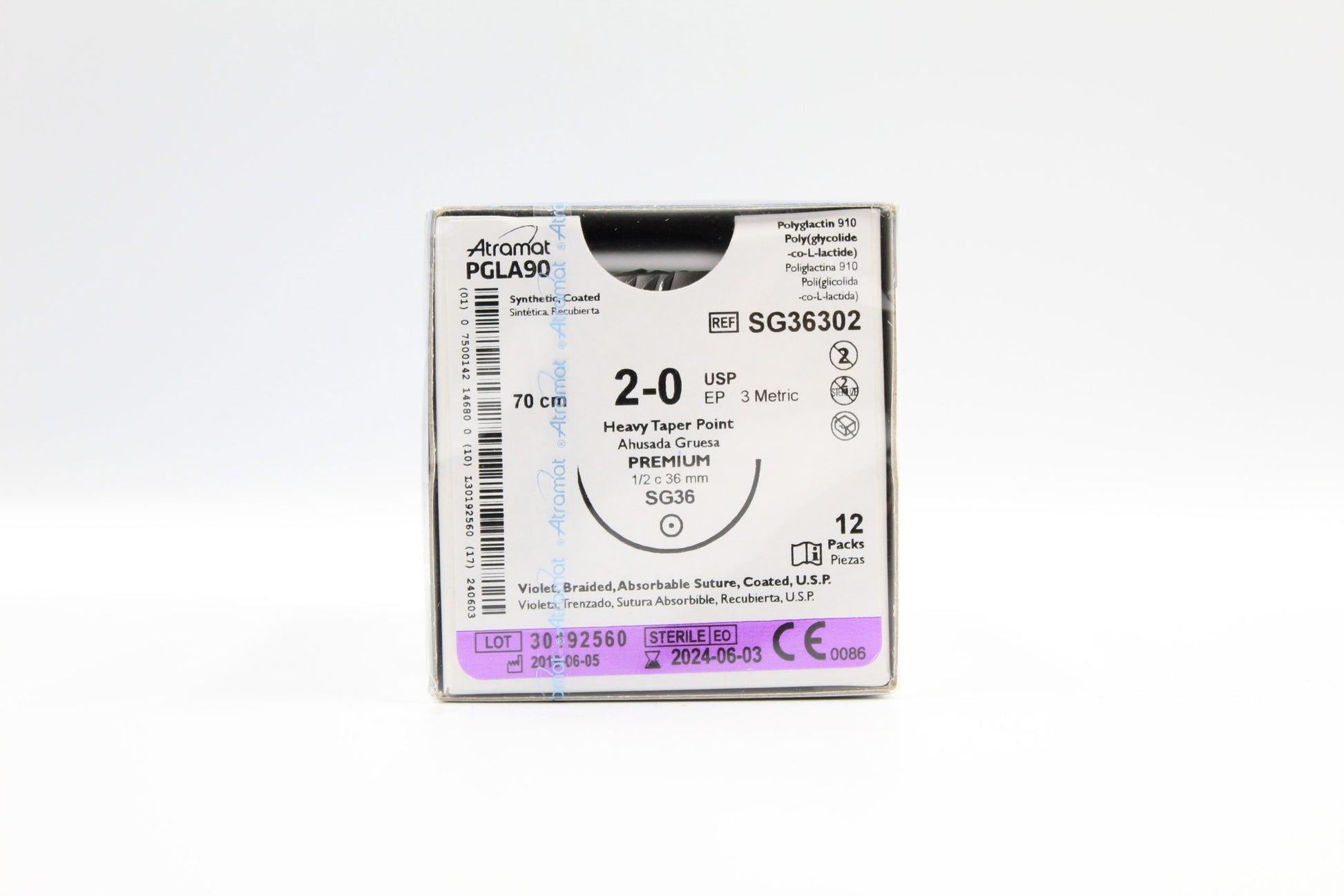 Atramat SR36302 PGLA90 violeta 2-0 de 70 cm con aguja SG-36