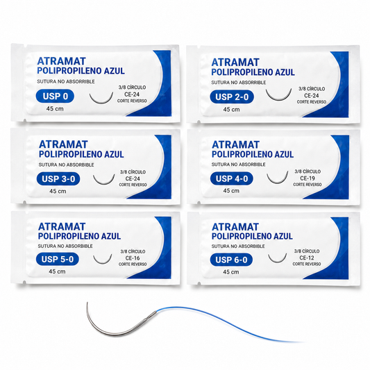 Imagen optimizada: Atramat Polipropileno azul, sutura no absorbible USP 0 a 6-0, 45 cm, agujas CE-24/CE-19/CE-16/CE-12 de 3/8 de círculo, sobre fondo blanco