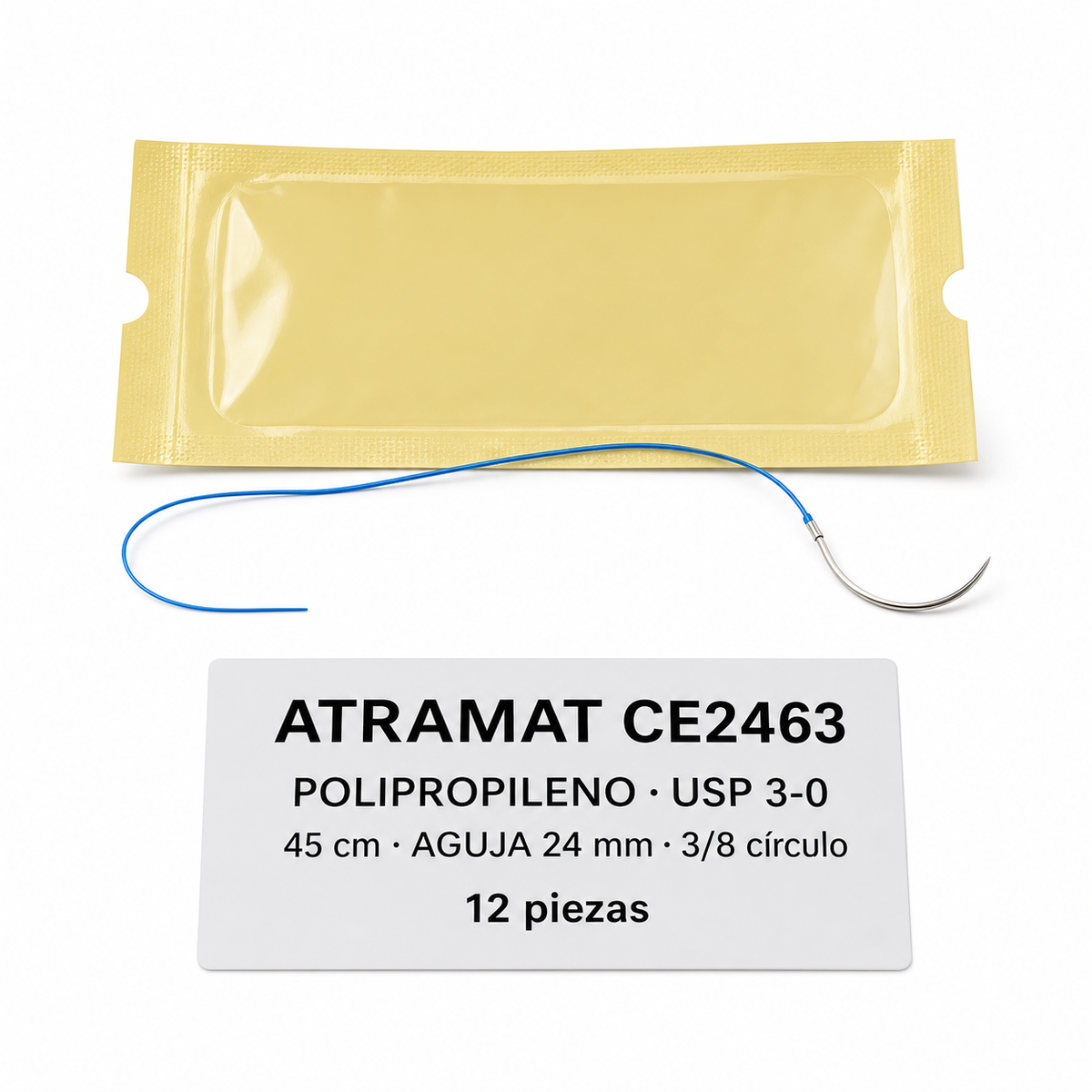 Imagen optimizada: Atramat CE1964, sutura no absorbible de polipropileno azul USP 4-0, 45 cm, aguja de 19 mm, 3/8 de círculo, 12 piezas, sobre fondo blanco