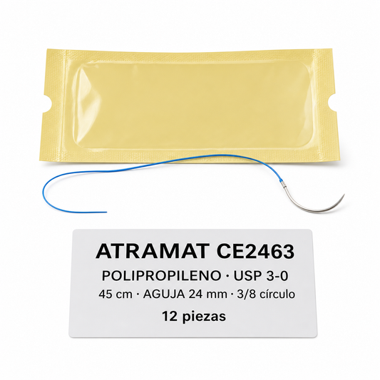 Imagen optimizada: Atramat CE1964, sutura no absorbible de polipropileno azul USP 4-0, 45 cm, aguja de 19 mm, 3/8 de círculo, 12 piezas, sobre fondo blanco