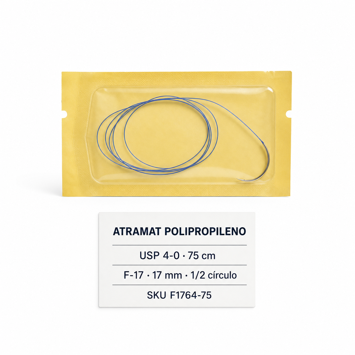 Imagen optimizada: Atramat Polipropileno F1764-75, sutura no absorbible USP 4-0, 75 cm, aguja F-17 de 17 mm, 1/2 de círculo, ahusada fina, sobre fondo blanco