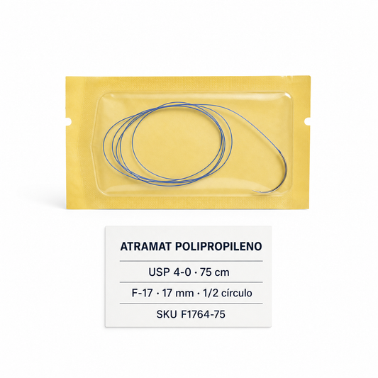 Imagen optimizada: Atramat Polipropileno F1764-75, sutura no absorbible USP 4-0, 75 cm, aguja F-17 de 17 mm, 1/2 de círculo, ahusada fina, sobre fondo blanco