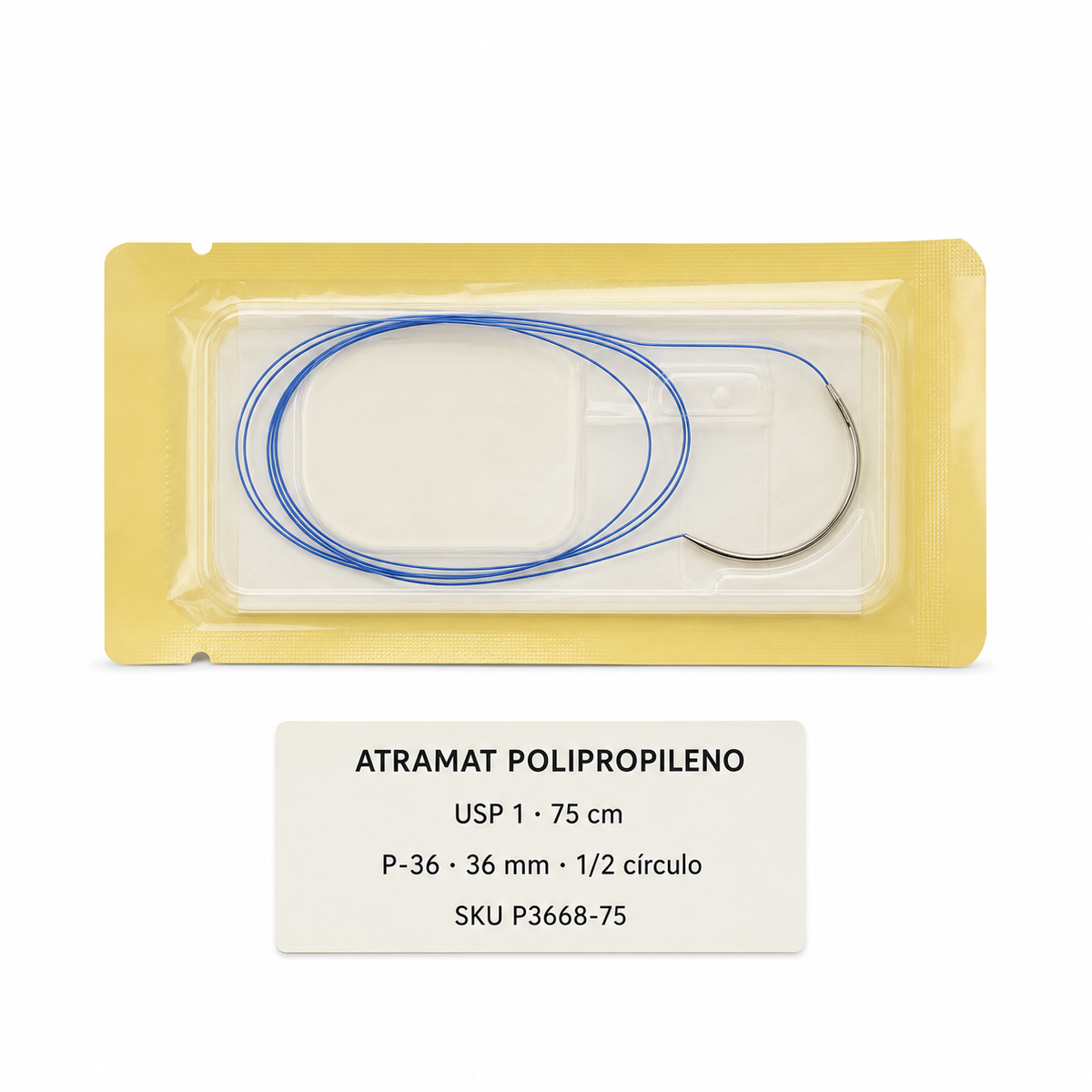 Imagen optimizada: Atramat Polipropileno P3668-75, sutura no absorbible USP 1, 75 cm, aguja P-36 de 36 mm, 1/2 de círculo, reverso cortante premium, sobre fondo blanco