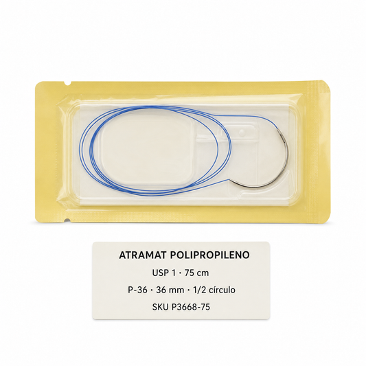 Imagen optimizada: Atramat Polipropileno P3668-75, sutura no absorbible USP 1, 75 cm, aguja P-36 de 36 mm, 1/2 de círculo, reverso cortante premium, sobre fondo blanco