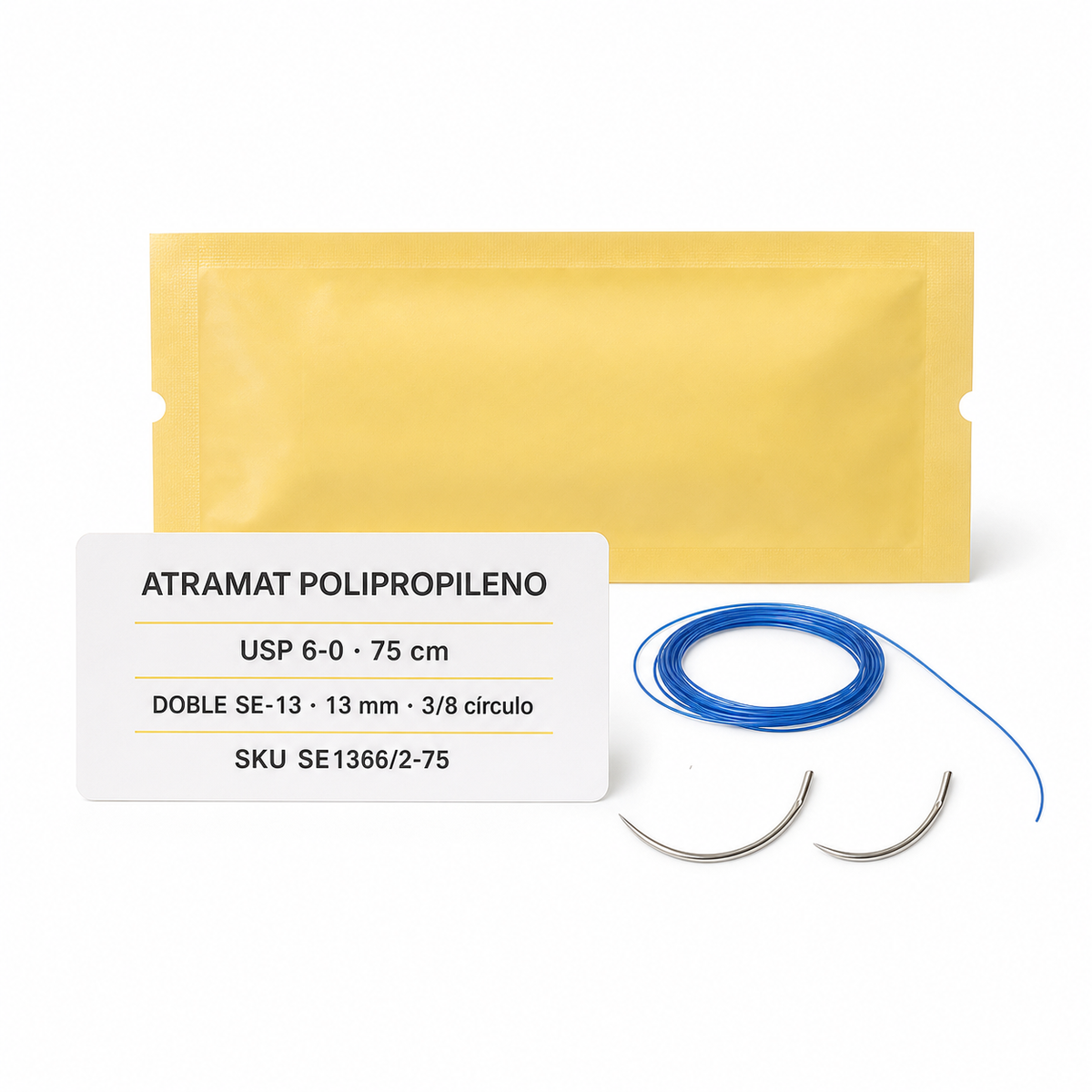 Imagen optimizada: Atramat Polipropileno SE1366/2-75, sutura no absorbible USP 6-0, 75 cm, doble aguja SE-13 de 13 mm, 3/8 de círculo, ahusada premium, sobre fondo blanco