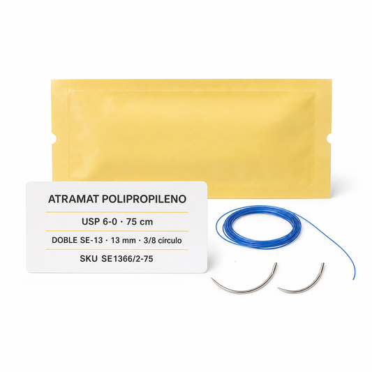 Imagen optimizada: Atramat Polipropileno SE1366/2-75, sutura no absorbible USP 6-0, 75 cm, doble aguja SE-13 de 13 mm, 3/8 de círculo, ahusada premium, sobre fondo blanco