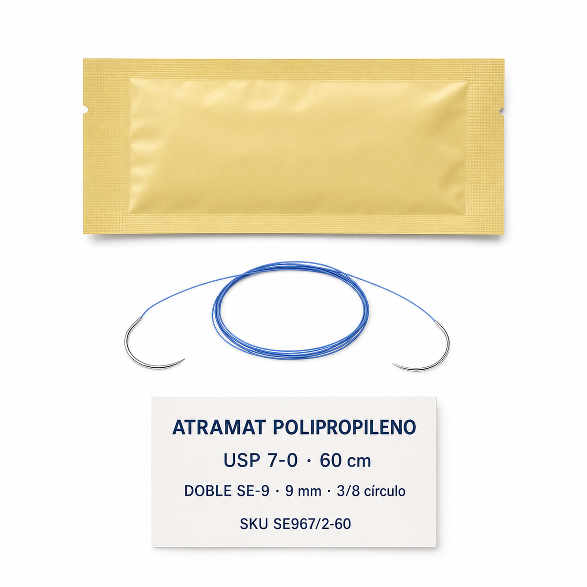 Imagen optimizada: Atramat Polipropileno SE967/2-60, sutura no absorbible USP 7-0, 60 cm, doble aguja SE-9 de 9 mm, 3/8 de círculo, ahusada premium, sobre fondo blanco