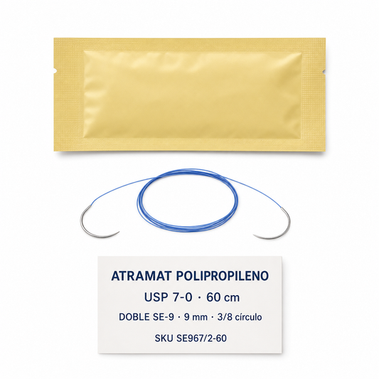 Imagen optimizada: Atramat Polipropileno SE967/2-60, sutura no absorbible USP 7-0, 60 cm, doble aguja SE-9 de 9 mm, 3/8 de círculo, ahusada premium, sobre fondo blanco