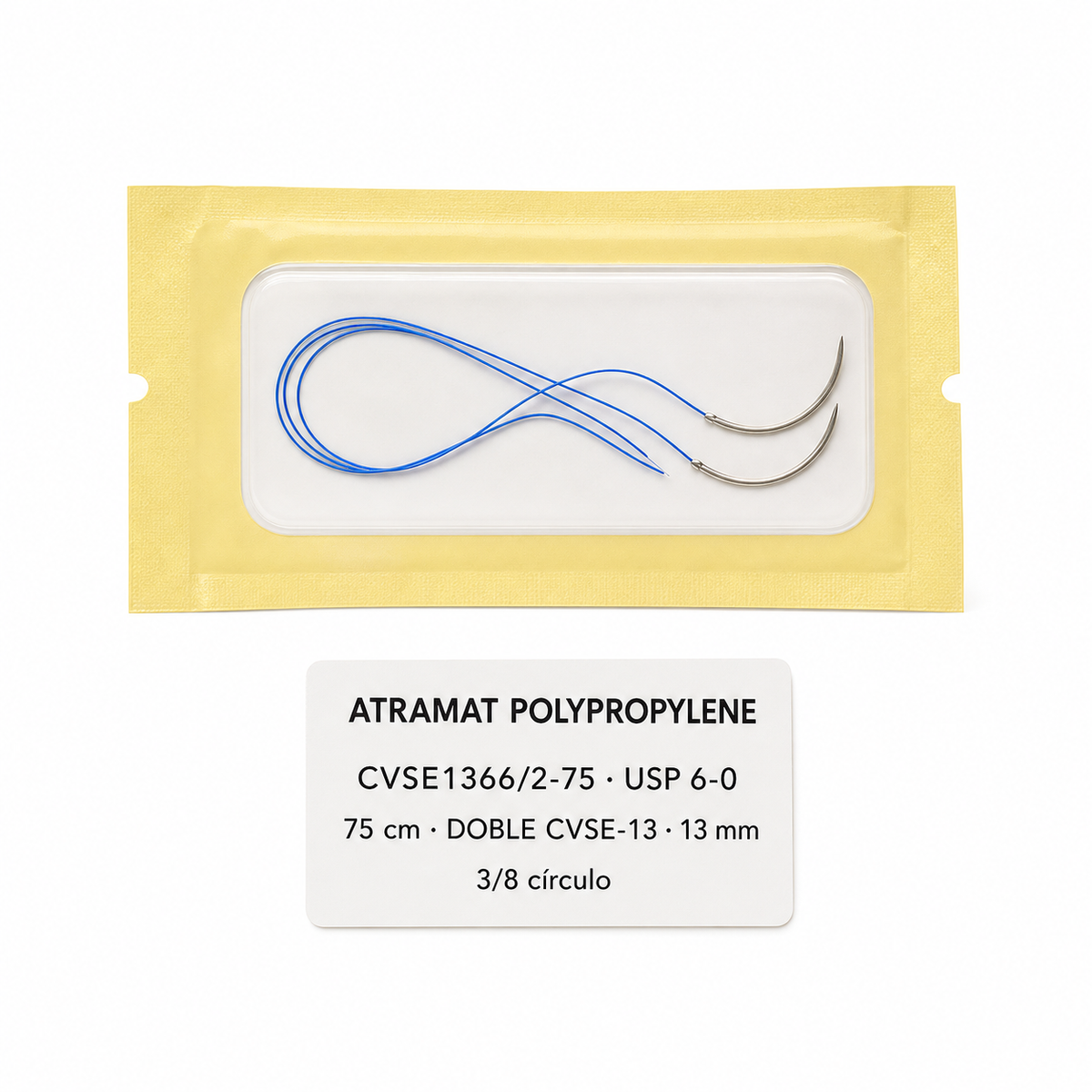 Imagen optimizada: Atramat Polypropylene CVSE1366/2-75, sutura no absorbible USP 6-0, 75 cm, doble aguja CVSE-13 de 13 mm, 3/8 de círculo, ahusada premium, sobre fondo blanco
