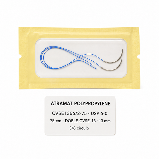 Imagen optimizada: Atramat Polypropylene CVSE1366/2-75, sutura no absorbible USP 6-0, 75 cm, doble aguja CVSE-13 de 13 mm, 3/8 de círculo, ahusada premium, sobre fondo blanco