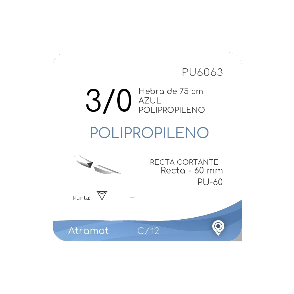 Atramat PU6063, polipropileno azul USP 3-0 de 75 cm con aguja PU-60 de 60 mm sobre fondo blanco