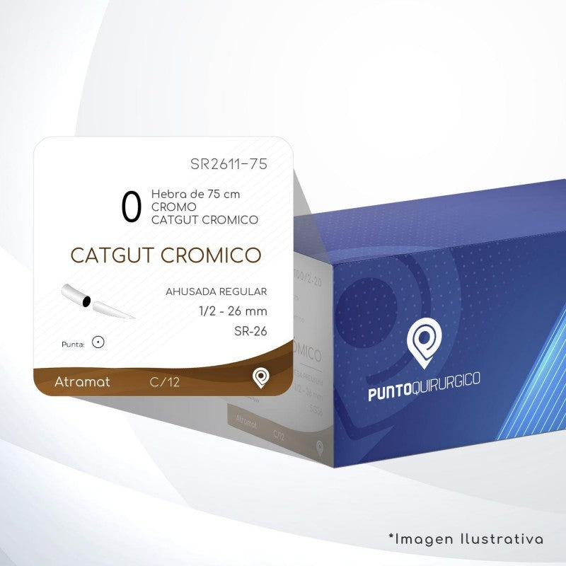Sutura ATRAMAT Catgut Crómico R2611-75 USP 0 de 75 cm con aguja SR-26