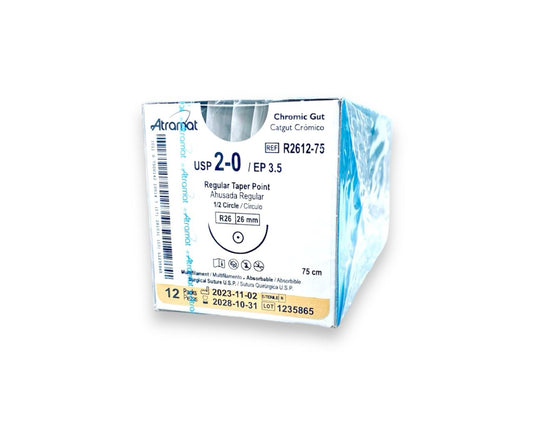 Sutura ATRAMAT Catgut Crómico R2612-75 USP 2-0 de 75 cm con aguja R26