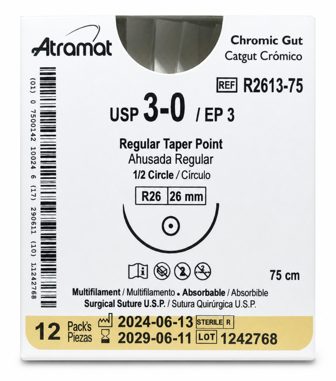 Atramat R2613-75, catgut crómico USP 3-0 de 75 cm con aguja R26 de 26 mm sobre fondo blanco
