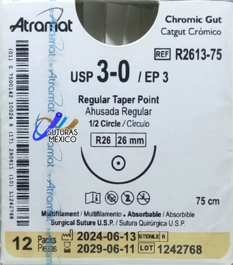 Sutura ATRAMAT Catgut Crómico R2613-75 USP 3-0 de 75 cm con aguja R26