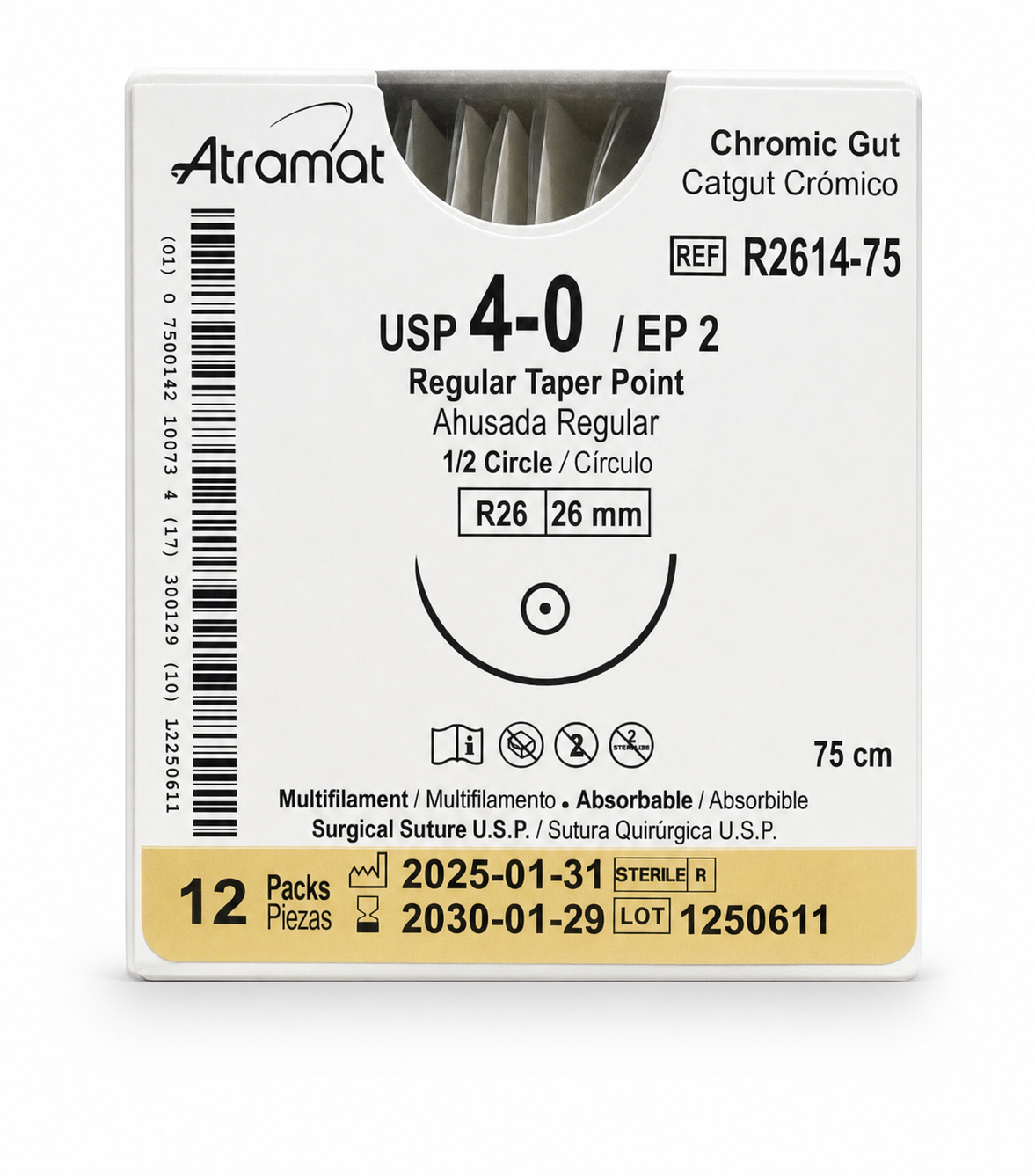 Atramat R2614-75, catgut crómico USP 4-0 de 75 cm con aguja R26 de 26 mm sobre fondo blanco