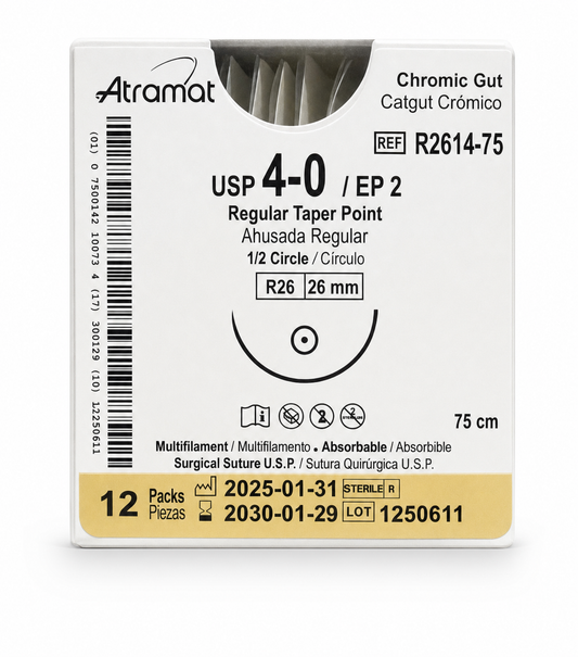 Atramat R2614-75, catgut crómico USP 4-0 de 75 cm con aguja R26 de 26 mm sobre fondo blanco