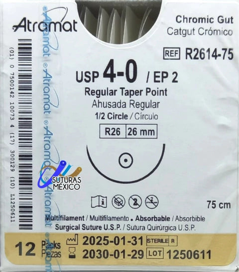 Sutura ATRAMAT Catgut Crómico R2614-75 USP 4-0 de 75 cm con aguja R26