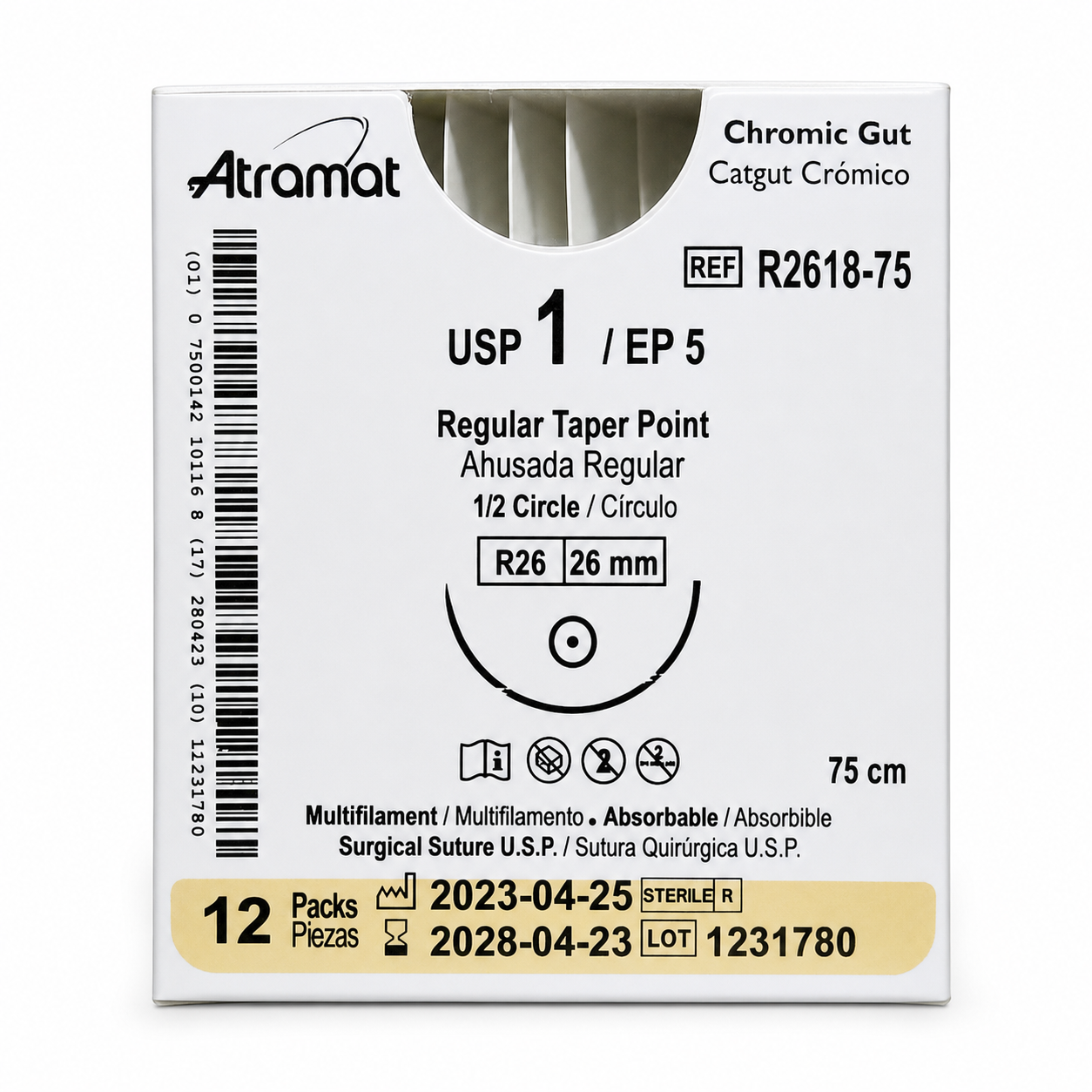 Atramat R2618-75, catgut crómico USP 1 de 75 cm con aguja R26 de 26 mm sobre fondo blanco