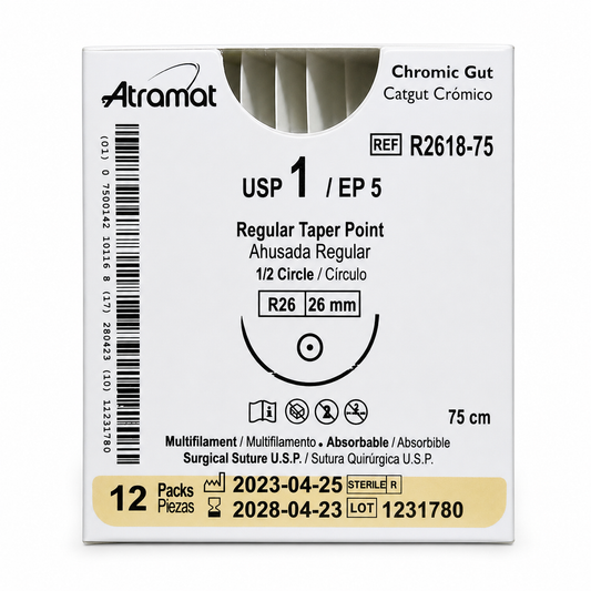 Atramat R2618-75, catgut crómico USP 1 de 75 cm con aguja R26 de 26 mm sobre fondo blanco