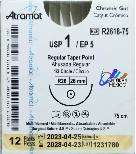Sutura ATRAMAT Catgut Crómico R2618-75 USP 1 de 75 cm con aguja R26