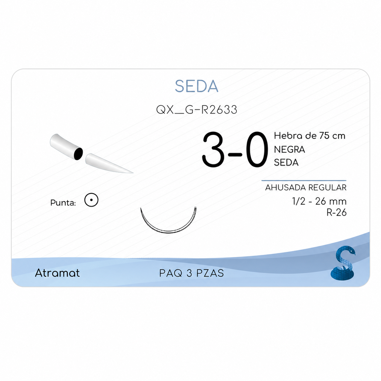 Atramat R2633, seda negra USP 3-0 de 75 cm con aguja R-26 de 26 mm sobre fondo blanco
