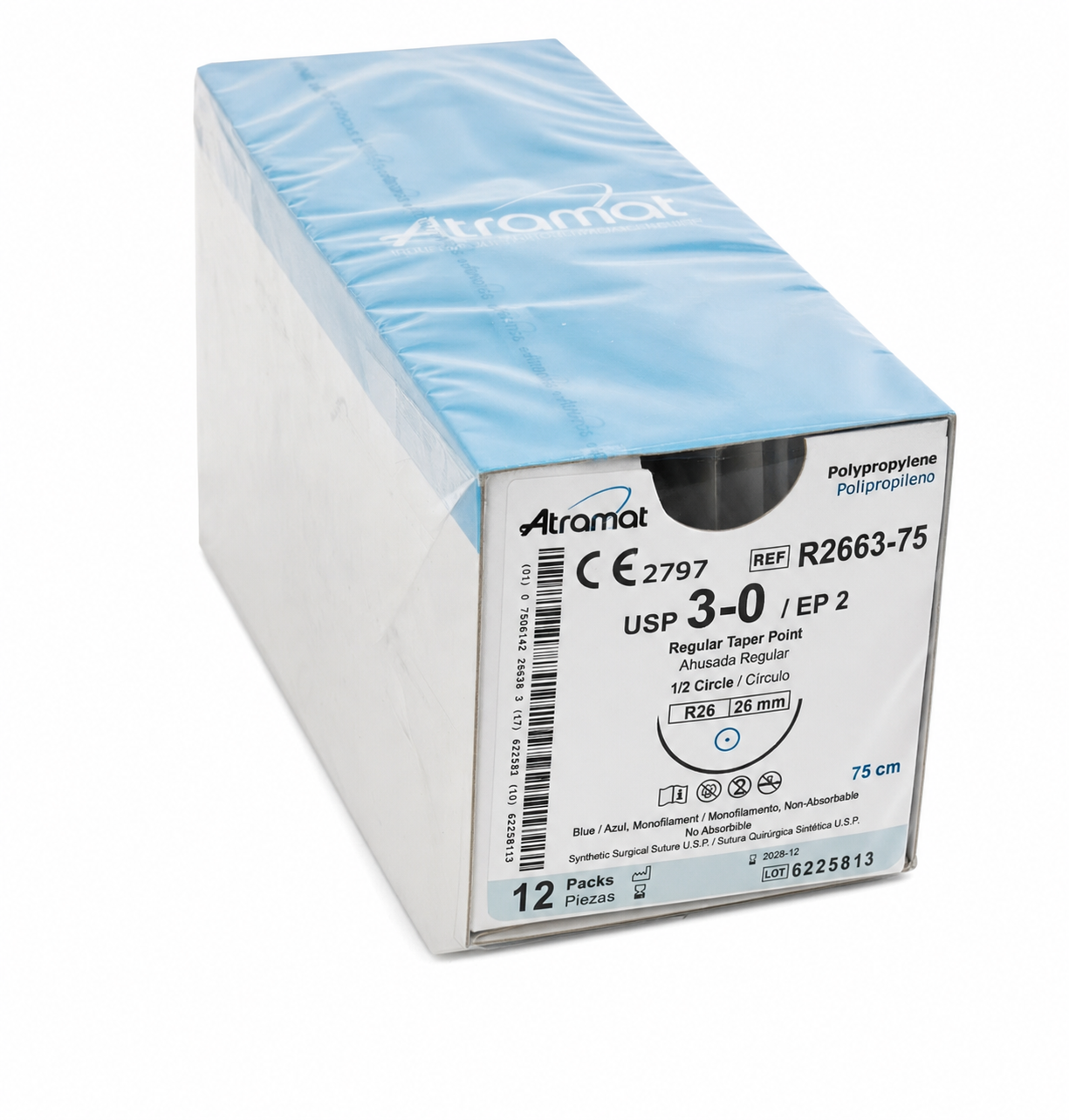 Atramat R2663-75, sutura de polipropileno USP 3-0 de 75 cm con aguja R26 de 26 mm sobre fondo blanco