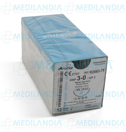 Atramat R2663-75 polipropileno USP 3-0 de 75 cm con aguja R26 ahusada regular de 26 mm