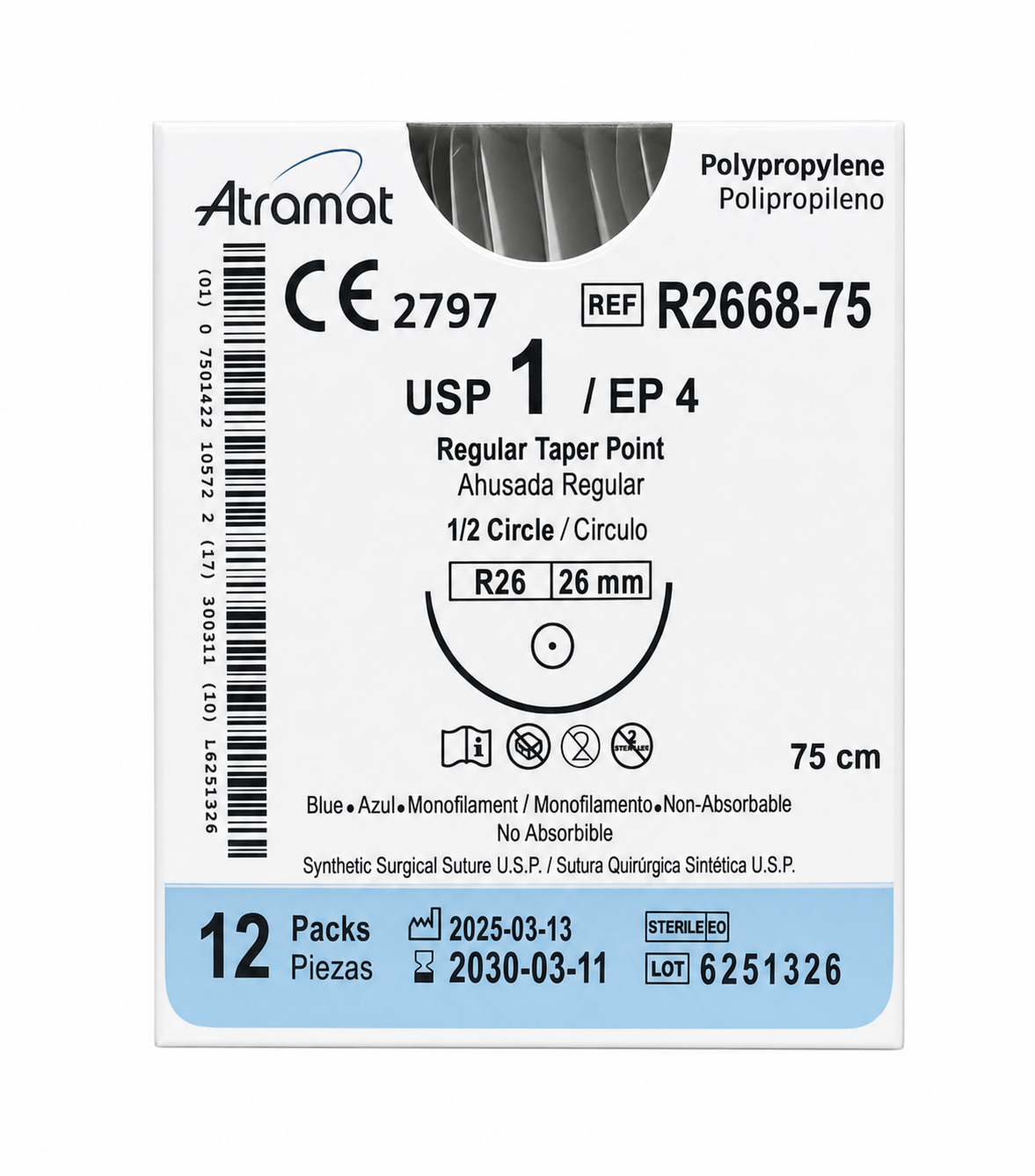 Atramat R2668-75, sutura de polipropileno USP 1 de 75 cm con aguja R26 de 26 mm sobre fondo blanco