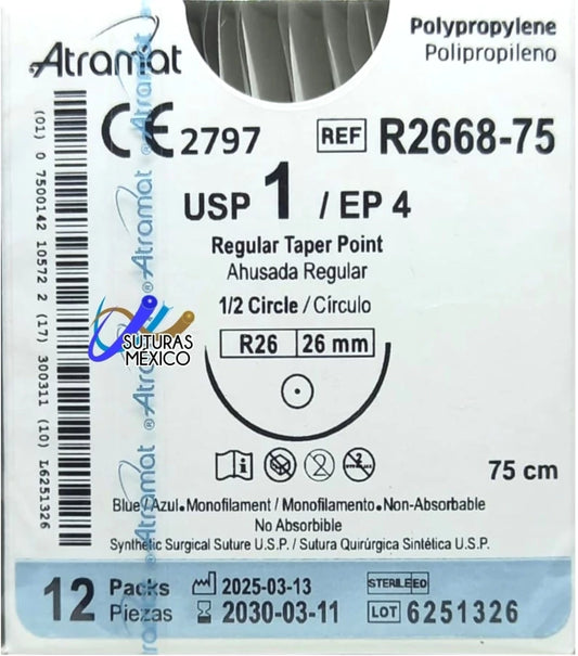 Atramat R2668-75 polipropileno calibre 1 de 75 cm con aguja R26 de 26 mm
